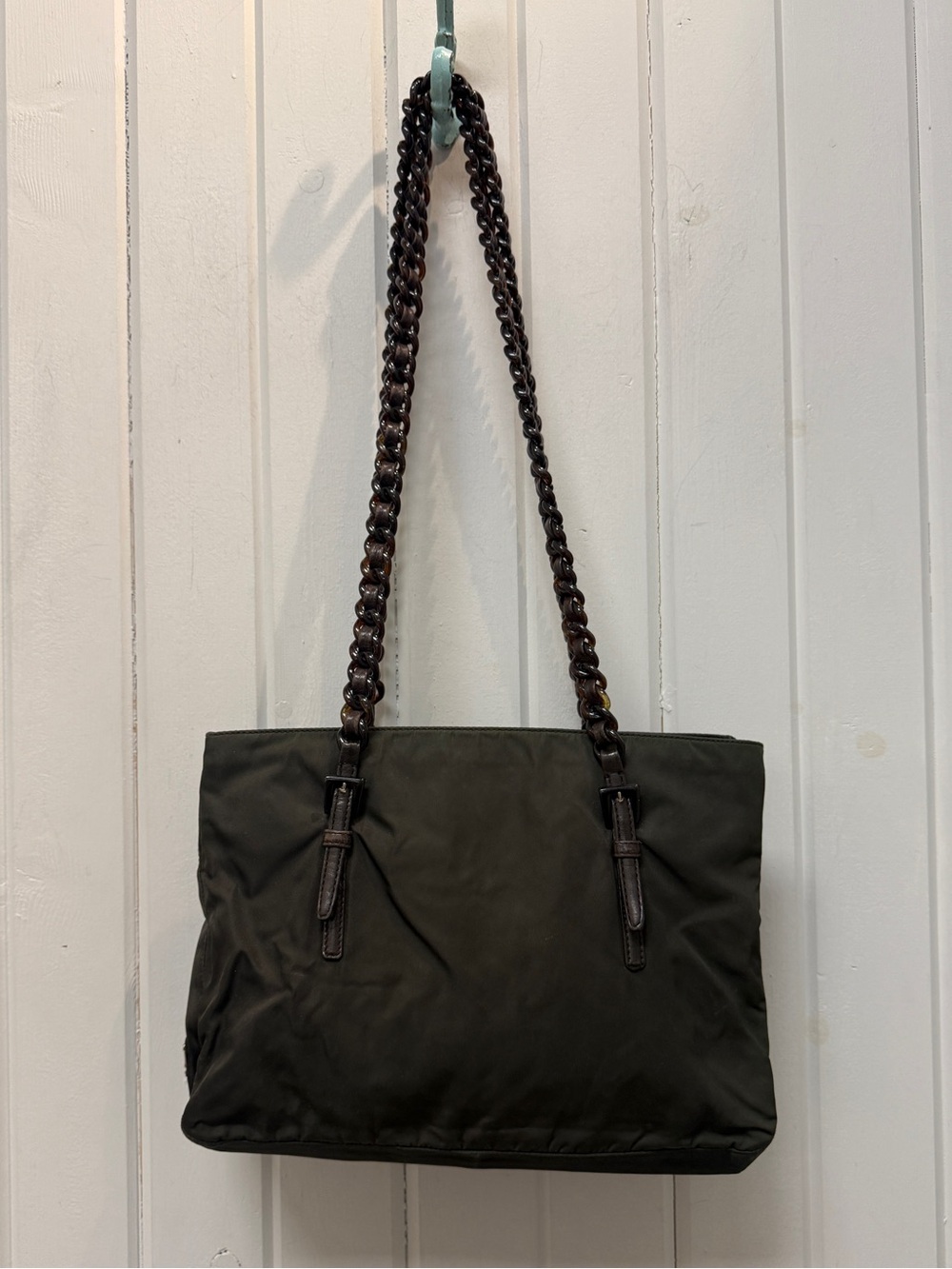 Prada Vintage Green Nylon Classic Shoulder Tote Bag with Acrylic Chain Straps - Picture 3 of 10